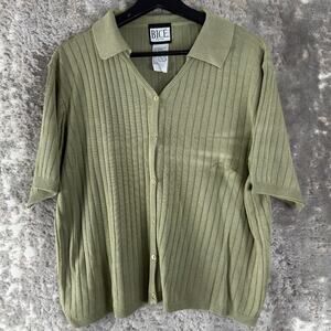 Bice Petite Size LP Ribbed Casual Button Top Green Short Sleeve Collar